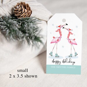 Flamingo Skating Christmas Tags, Personalized Holiday Gift Tags, Printed Gift Tag with string, Holiday Gift Labels, Custom Printed 2 size