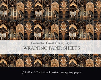 Great Gatsby Art Deco Noveau Design All Occassion Wrapping Paper Roaring 20&#39;s Christmas Decor, Winter Gift Wrap, Holiday Gift Gold Geometric