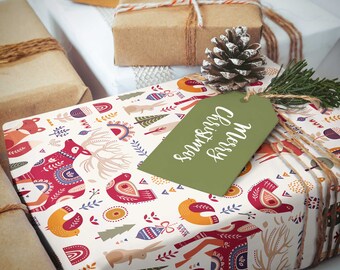 Christmas Wrapping Paper, Rustic Woodland Animals Fox Moose, Winter Holiday Gift Wrap Sheets Roll Skandi Vintage Rustic Scandinavian 5 sheet