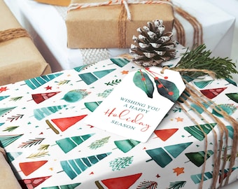Watercolor Christmas Wrapping Paper: Teal & Orange Winter Trees (5 Sheets)