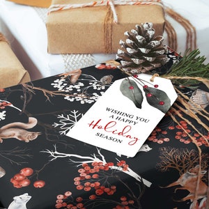 Christmas Wrapping Paper Roll, Berry Forest Pine, Winter Holiday Gift Wrap, Wrapping Paper Sheets Woodland Owl Fox Wolf Squirrel 5 sheets
