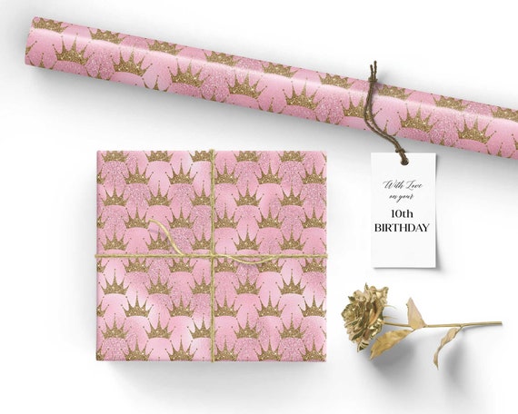 Pink Princess Crown Wrapping Paper: Gold Glitter Birthday Gift Wrap (5 Sheets)