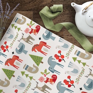 Winter animals wrapping paper Winter Gift Wrap, Woodland Nordic Holiday Gift Roll, Fox Dove Skandi Christmas Sheets 20 x 29 Dala Horse Gift