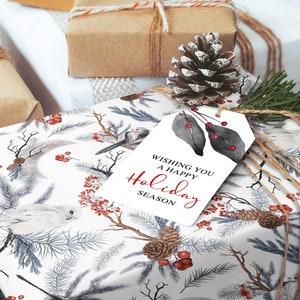 Christmas Wrapping Paper Roll, Berry Greenery Pine, Winter Holiday Gift Wrap, Wrapping Paper Sheets Woodland Owl Winter Birds Gift 5 sheets
