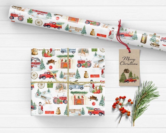 Christmas Wrapping Paper Rustic Winter on the Farm Holiday Gift Wrap  Vintage Xmas Farm House Tractor Barn Country Wrap Roll 5 Sheets per Set 