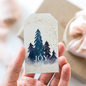 Christmas Gift Tags Christmas Gift Labels Printed Woodland Christmas, Pines Gift Tag, Gold Gift Tags with string, Holiday Gift Tags Trees