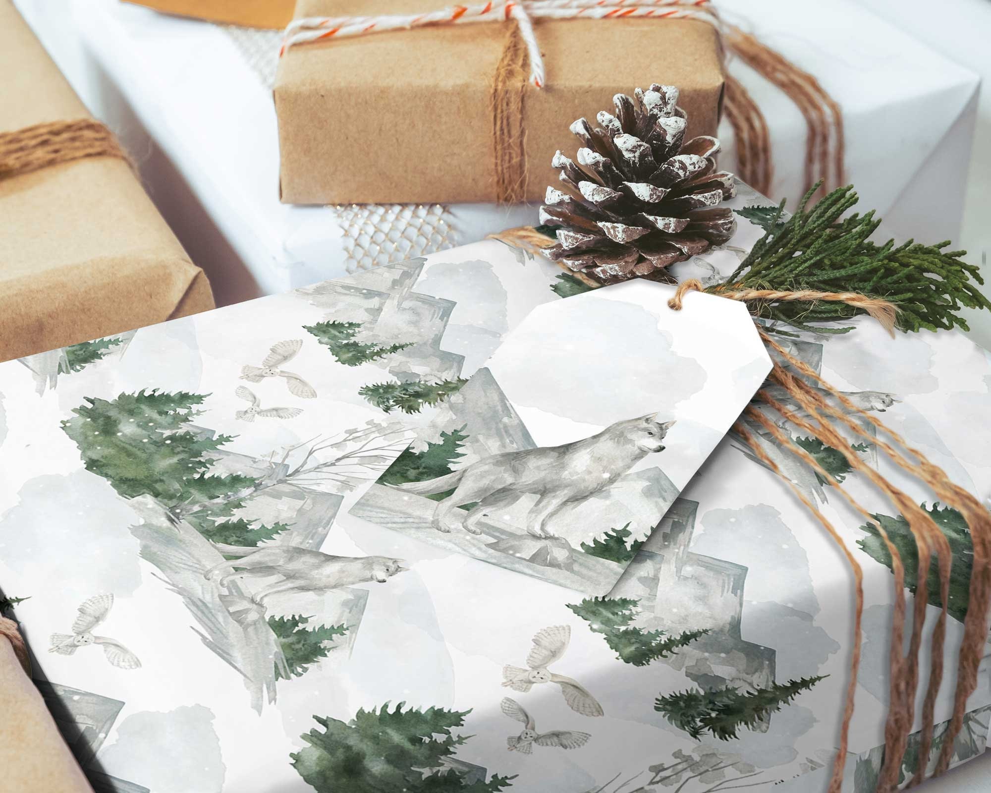 Christmas Gift Wrapping Paper, Winter Gift Wrap, Woodland Nordic Holiday Gift Roll,  Wolves Owl in F