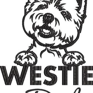 K&ouml;nnte beinhalten: Schwarze und wei&szlig;e Stickerei eines Westie-Hundes mit dem Text "Westie Dad" darunter.