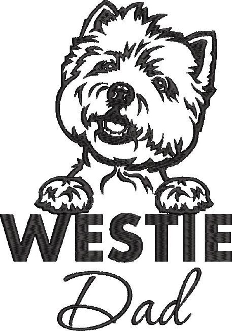 K&ouml;nnte beinhalten: Schwarze und wei&szlig;e Stickerei eines Westie-Hundes mit dem Text "Westie Dad" darunter.
