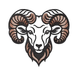 Puede incluir: Una ilustración en blanco y negro de la cabeza de un carnero con grandes cuernos rizados.