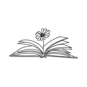 Könnte beinhalten: Eine Schwarzweiß-Zeichnung eines offenen Buches mit einer Blume, die aus der Mitte der Seiten wächst.