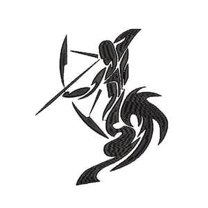 Könnte beinhalten: Schwarz-weiße stilisierte Illustration eines Bogenschützen mit Bogen und Pfeil. Der Bogenschütze ist in einer dynamischen Pose dargestellt, mit dem Pfeil zurückgezogen und bereit zum Abschuss.