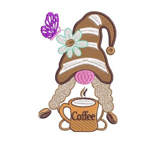 Coffee Gnome Embroidery design, 3 sizes