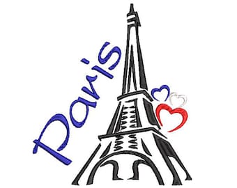 Puede incluir: Una ilustración en blanco y negro de la Torre Eiffel con la palabra "París" en escritura azul. Se muestran tres corazones en la esquina superior derecha, uno rojo, uno blanco y uno azul.
