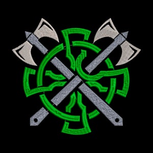 May include: A green Celtic knot design with two crossed silver axes.