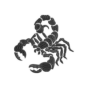 May include: Black and white silhouette of a scorpion with detailed legs and a curled tail.