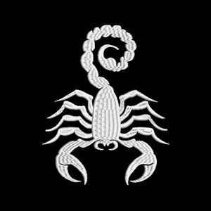 May include: A white embroidered scorpion design on a black background.