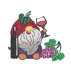 Wine Gnome Machine Embroidery Design, Wine Embroidery Design