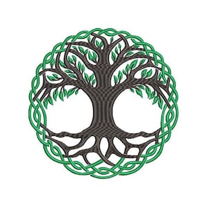 Puede incluir: Un diseño de nudo celta verde rodea un árbol de la vida estilizado con ramas y hojas de color gris oscuro.