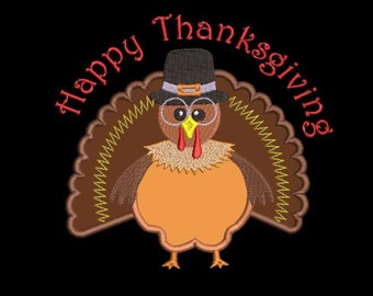 Happy Thanksgiving Day Turkey Applique Embroidery Machine Design, 3 sizes