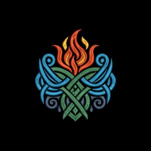 May include: A stylised flame design with blue and green swirls, resembling a Celtic knot. The flame is red, orange, and yellow.