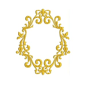 May include: A gold ornate frame with a decorative scroll design. The frame is oval shaped and has a delicate, intricate pattern.