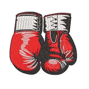 Puede incluir: Un par de guantes de boxeo rojos con costuras negras y blancas. Los guantes están atados juntos con cordones blancos.
