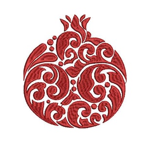 Puede incluir: Diseño de granada bordado en rojo con intrincados patrones florales.