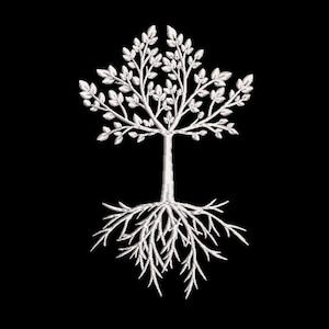 Puede incluir: Una silueta blanca de un árbol con un tronco grueso y muchas ramas. El árbol tiene un sistema de raíces grande e intrincado.