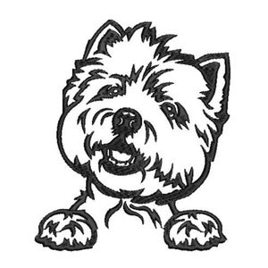 K&ouml;nnte beinhalten: Schwarz-wei&szlig;-Linienzeichnung eines West Highland White Terriers, der den Betrachter mit herausgestreckter Zunge ansieht.