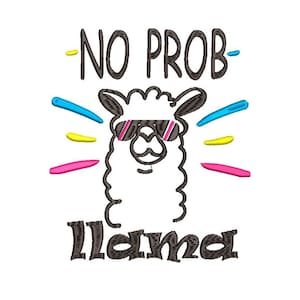 Può includere: Un lama bianco con occhiali da sole e il testo "NO PROB- llama" in marrone. Il lama ha un'esplosione di colore rosa, giallo e blu dietro di lui.