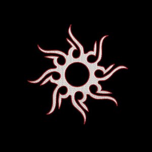 May include: White tribal sun design with a red outline. The sun has a circular center and eight rays that extend outward.