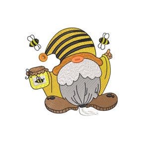 Bee Gnome Embroidery design, Honey Gnome embroidery