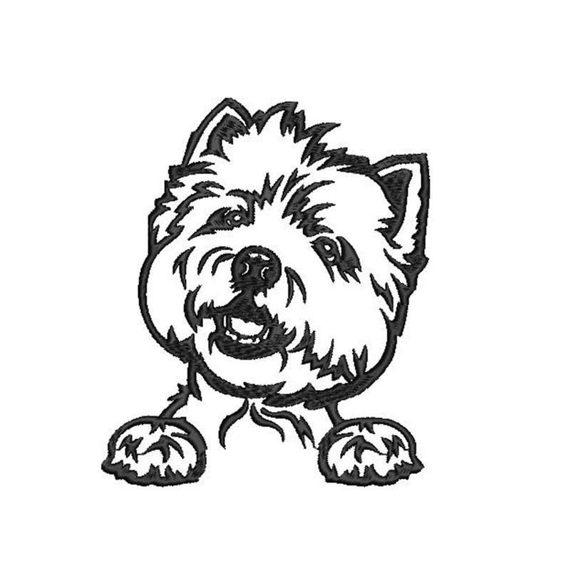 K&ouml;nnte beinhalten: Schwarz-wei&szlig;-Linienzeichnung eines West Highland White Terriers, der den Betrachter ansieht, mit seinen Pfoten, die hinter einer Oberfl&auml;che hervorschauen.