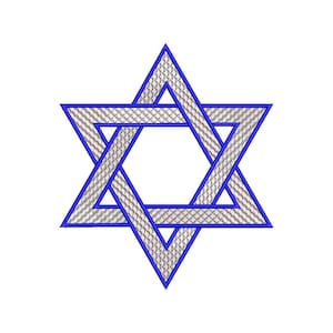 Puede incluir: Una estrella de David azul y plateada, una estrella de seis puntas, con un patrón texturizado.