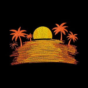 May include: Embroidered design of a sunset over the ocean with palm trees. The sun is a bright yellow, and the sky is a gradient of orange and yellow. The palm trees are orange, and the ocean is a mix of orange and yellow.