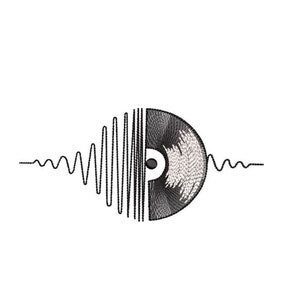 Pode incluir: Um disco de vinil preto e branco com um gráfico de onda sonora em cada lado. O disco está meio visível, com o gráfico de onda sonora se estendendo até as bordas da imagem.