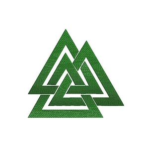 May include: A green embroidered symbol of three interlocking triangles, known as the Valknut, a Norse symbol.