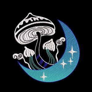 May include: A white mushroom with a crescent moon behind it. The mushroom has a swirling pattern on the cap and a blue stem. The moon is blue and has white stars on it.