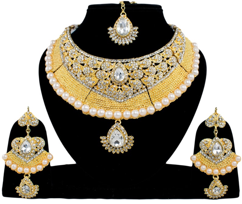 Indian White Bridal Pearl Bollywood Wedding Stylish Jewelry Gold Plated Diamond Zircon White Kundan Necklace Earrings With Maangtikka White