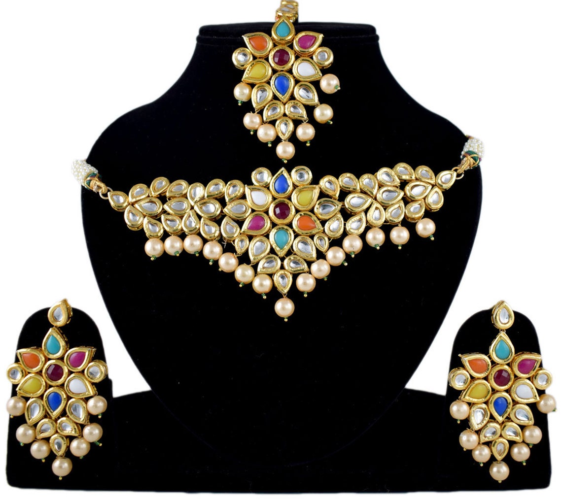 Indian Navratan Choker Bridal Wedding Jewelry Set Meena Etsy