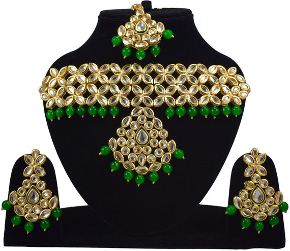 Choker Jewelry Indian Bollywood Bridal Jewelry Wedding Jewelry Engaement Jewelry Meena Kundan Designer Stone Set With maangtikka Green