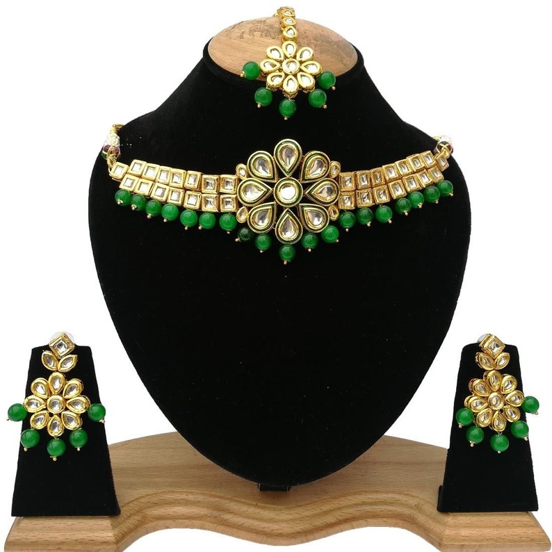 Choker Meena Kundan Bollywood Chick Royal Weddings Meenakari work Designer Indian Jewelry Gold Plated Green Stone Necklace Set
