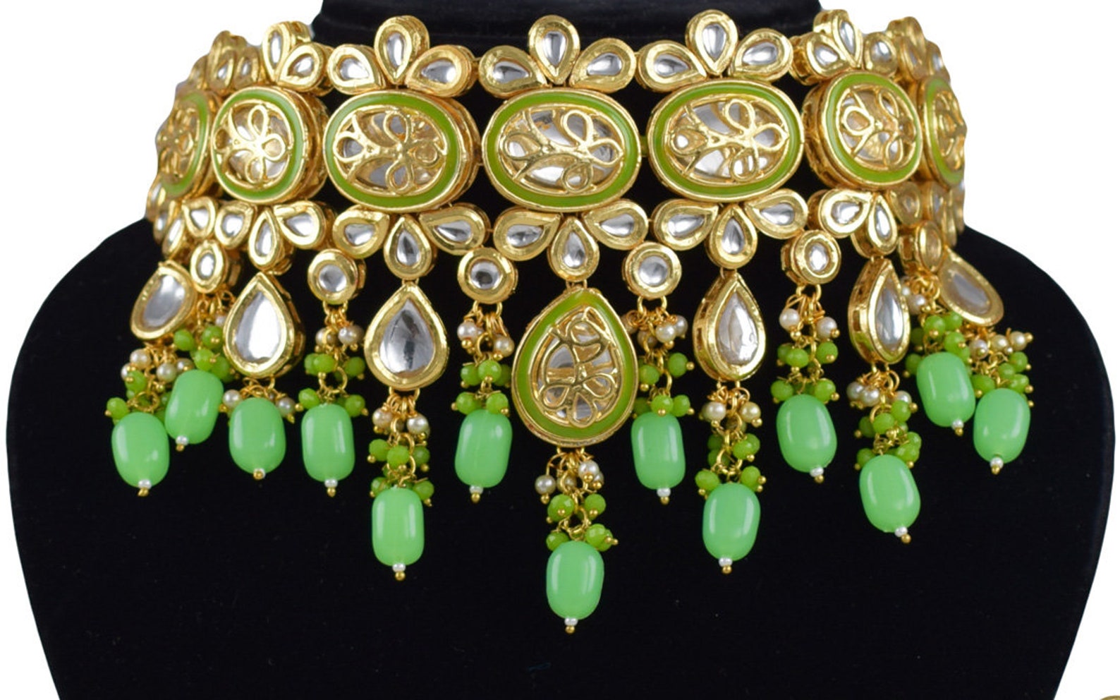 Indian Jewelry Kundan Choker Radium Green Necklace Pearl Set Etsy