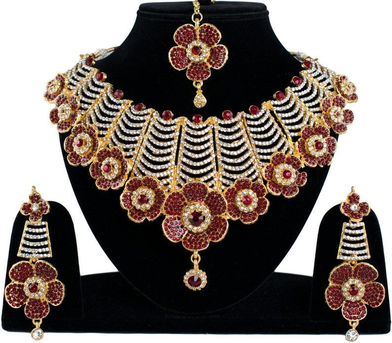 Indian Maroon Big Bridal Traditional Bollywood Wedding Stylish Jewelry CZ 14 Flowers Fabulous Necklace Earrings With Maangtikka Set Maroon
