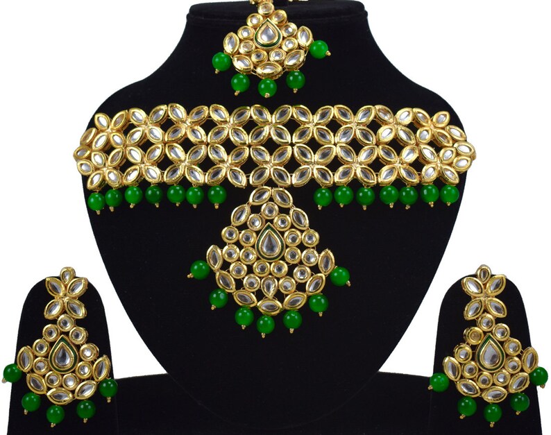 Choker Jewelry Indian Bollywood Bridal Jewelry Wedding Jewelry Engaement Jewelry Meena Kundan Designer Stone Set With maangtikka Green