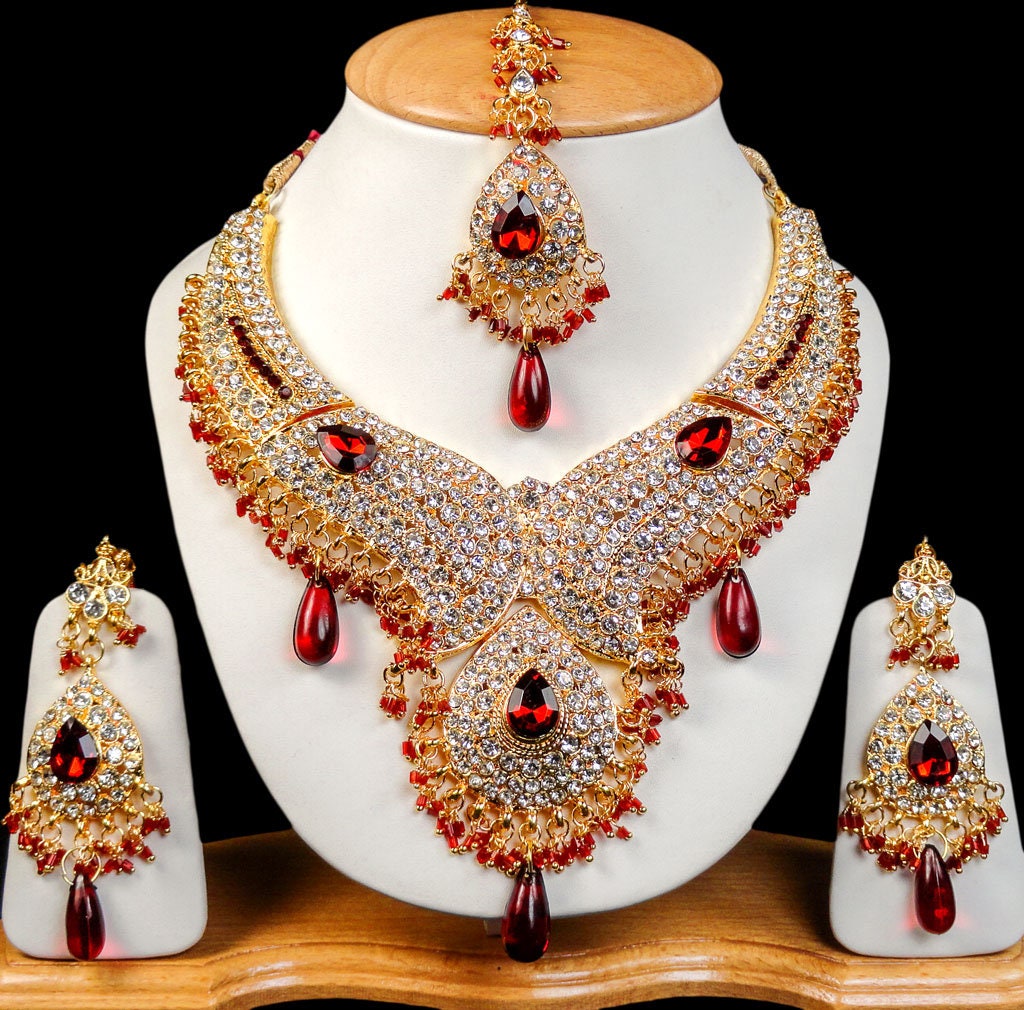 Indian Bollywood Maroon Gold Plated Fashion Rhinestone Bridal Jewelry Necklace 