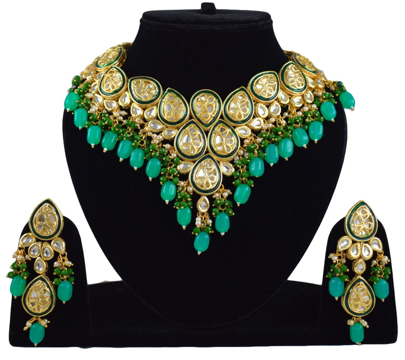Indian Kundan Jewelry Emerald Green Pearl Fashion Necklace Set Etsy
