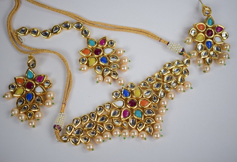 Indian Navratan Choker Bridal Wedding Jewelry Set Meena Etsy
