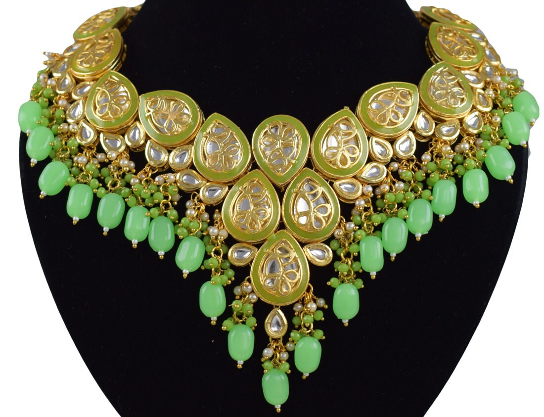 Indian Kundan Jewelry Radium Green Pearl Fashion Necklace Set Etsy